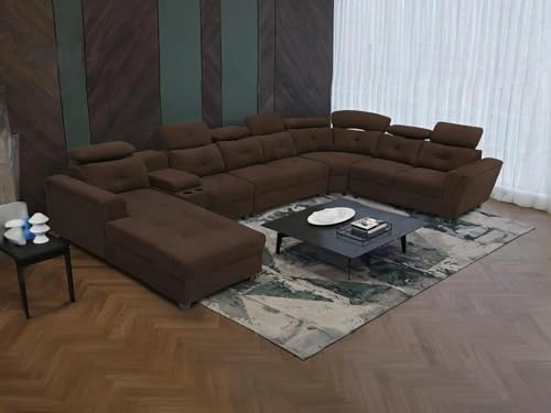 Image of Mishel 12 Seater Sofa Set for Living Room | Sectional U Shaped 12 Seater Sofa with Storage & Cupholder (Dark Brown Fabric, LHS)