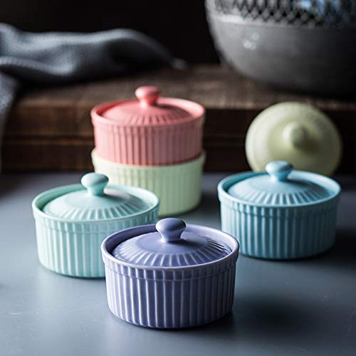 Mary Paxton Ceramic Covered Baking Bowl,3.5"Porcelain Ramekins Souffle Cake Bowl With Lid Dishes Pudding Cup For Baking Appliances Creme Brulee Custard Cups Desserts Sauce Dishes Dipping Bowls (Pink)