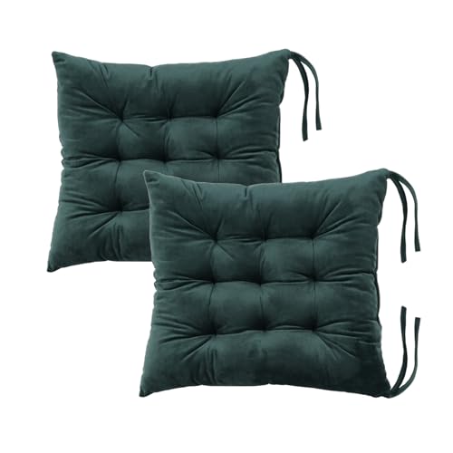 MissSoul 2 Pack Square Seat Cushion Chair Pads for Kitchen Dining Chairs, Soft Comfort Velvet Chair Mat Pillow Cushions with Ties for Office Desk Living Room Tatami 15.5", Dark Green
