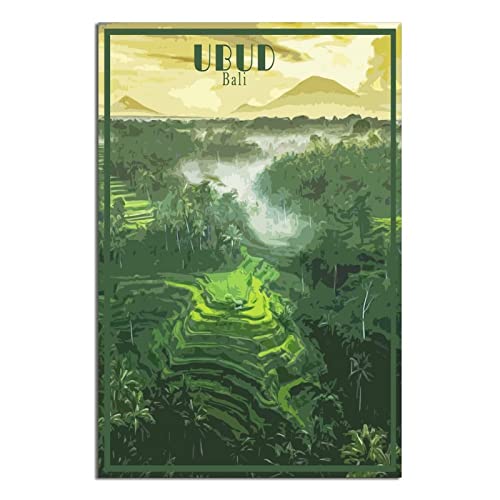 UEJD Affiche de Voyage Vintage Ubud Bali Indonésie - Skyline Décoratif Moderne pour Chambre à Coucher - Impression sur Toile, Peinture Murale, Art, Cadeau - 12x18 Pouces (30x45cm)