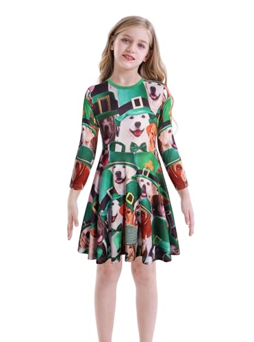 Image of WonderBabe Toddler Girl St Patricks Day Outfit Kids Long Sleeve Printed Swing Dresses Shamrock Clover Casual Dress Clothes