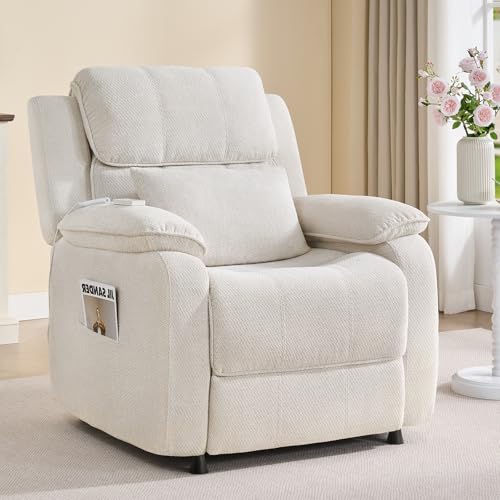 ONBRILL Power Recliner Chair, Electric Recliner for Adults, Lay Flat Recliner with Lumbar Support, Oversized Reclining Chair for Living Room Bedroom, Side Pocket, Chenille Fabric, White