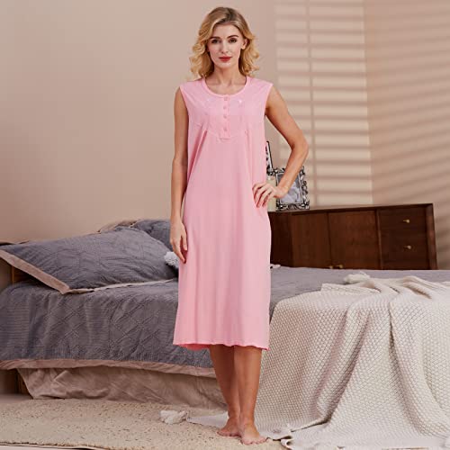 Keyocean Sleeveless Nightgowns For Women, Soft 100% Cotton Lightweight Comfortable Cool Summer Nightgowns For Ladies, Candy Pink, Small #TOP3