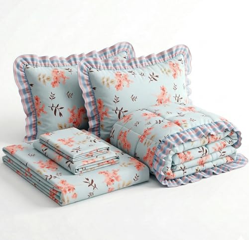 Image of HOMEKART 280 TC King Size Cotton 4pc AC Comforter Set: Soft Frill Quilt, Bedding Set Flat Sheet & 2 Frill Pillow Covers (Sky Blue and Peach Floral)