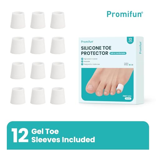 Image of Promifun Silicone Toe Protectors - 12 Pack Silicone Toe Sleeve for Hammer Toes, Corns, Calluses, Blisters - Soft Gel Toe Tube Pads for Pain Relief(Small Sizes, White)