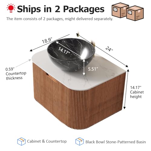 24" Floating Bathroom Vanity with Sink, Modern Bathroom Cabinet with Ultra-Thin Ceramic Basin and Marble Top, Extra Large Storage Drawer, Soft-Close Design, White with Black