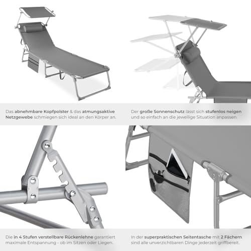 tectake® Sonnenliege klappbar, tragbar, Liege mit Seitentasche, Strandliege, Gartenliege mit Dach, Liegestuhl mit Verstellbarer Rückenlehne, inkl. Kopfkissen - für Balkon, Terrasse, Camping - grau