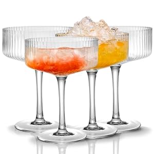 4 Pcs Ribbed Coupe Glasses, 10 oz Vintage Cocktail Coupe Glasses Set, Unique Martini Glass, Classic Cocktail Galssware, Bar Drinking Glasses Set Pefect for Cocktail, Wine, Champagne & Gift