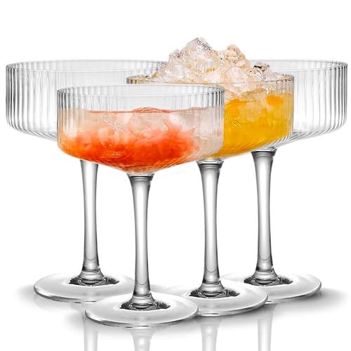 4 Pcs Ribbed Coupe Glasses, 10 oz Vintage Cocktail Coupe Glasses Set, Unique Martini Glass, Classic Cocktail Galssware, Bar Drinking Glasses Set Pefect for Cocktail, Wine, Champagne & Gift