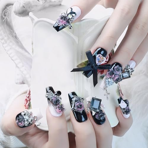 Yazikisa Handmade Press on Nails Long Fake Nail Coffin Artificial False Gel Fingernail 3D Rose Flower Bow Charms Glamnetic Acrylic Stick on Manicure Art Black Pink 10 Pcs (M)