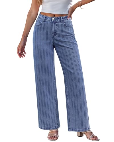 GRAPENT High Waisted Jeans for Women Western Outfit for Women Jeans Stretchy High Rise Denim Pants Comfy Pinstripe Wide Leg Jean Trousers Work Casual Western Wear Reef Blue Medium Size 8 to 10