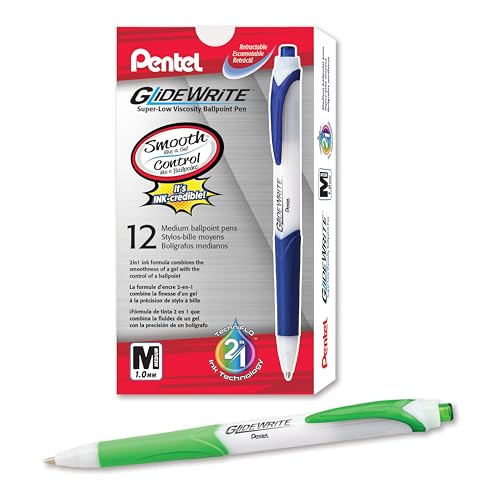 Pentel GlideWrite Ballpoint Pen with TechniFlo Ink, (1.0mm) Medium Line, Lime Green Ink, Box of 12 (BX910-K)