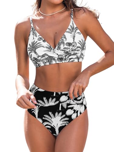 CUPSHE Women's Bikini Sets Two Piece Swimsuit High Waisted V Neck Twist Front Adjustable Spaghetti Straps Bathing Suit