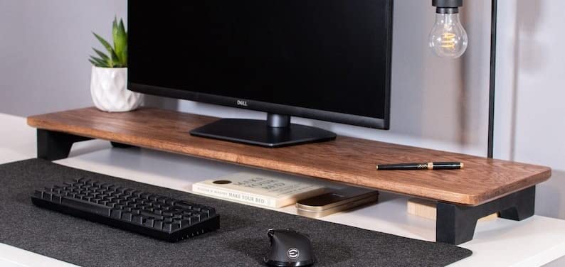 carpentray Wooden Computer Long Monitor Stand, Monitor Riser Desk Shelf Desktop Legs Stand TV Laptop Riser with Keyboard Storage Desk (Walnut Finish) (Black Legs) (B0C6HV2LVN) Amazon Price History, Amazon Price Tracker