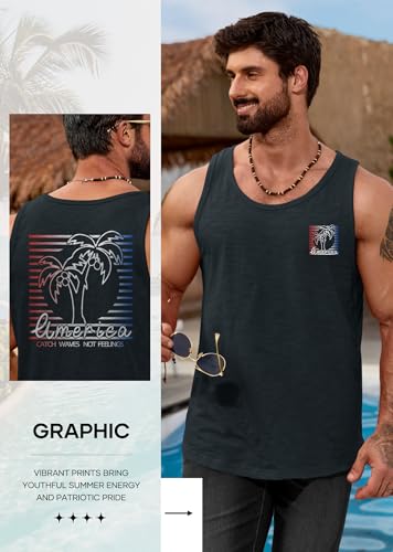Image of VOGSTART Mens Graphic Muscle Tank Top Beach Slub Cotton Sleeveless Shirts | Design, Print, Casual, Summer, Vacation, Holiday, Surf, Hawaiian, Workout, Vintage, Tropical