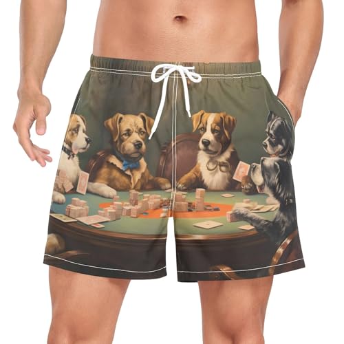 Mens Swim Trunks with Liner, Poker Dogs Funny Cool Quick Dry Beach Swim Shorts, Swimwear Bathing Suits S
