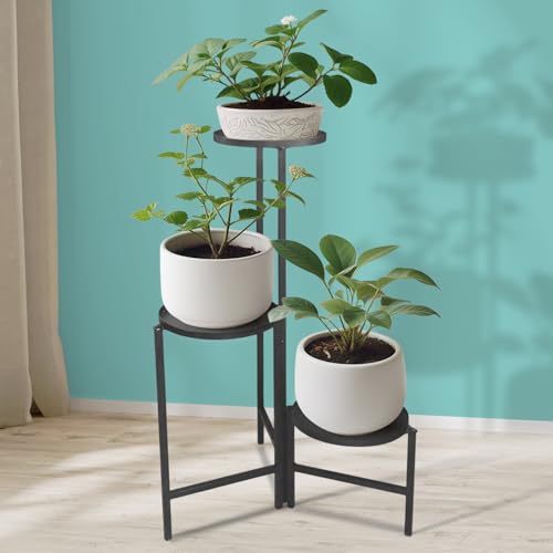 Image of ABJA 3 Tier Plant Stand for Living Room, Balcony, Adjustable /Rotatable Corner Tall Planter stand for Multiple Plants, Flower Pot Display Stand for home decor (Metal, Black)