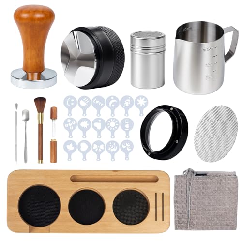 28PCS Espresso Accessories Kit,51mm Espresso Tamper Tools,Includes Wood Station,Distributor,Stirrer,Dosing Funnel,Brush,Puck Screen,Frothing Pitcher,Latte Pen,Powder Ring,Towel,Decorative Stencils