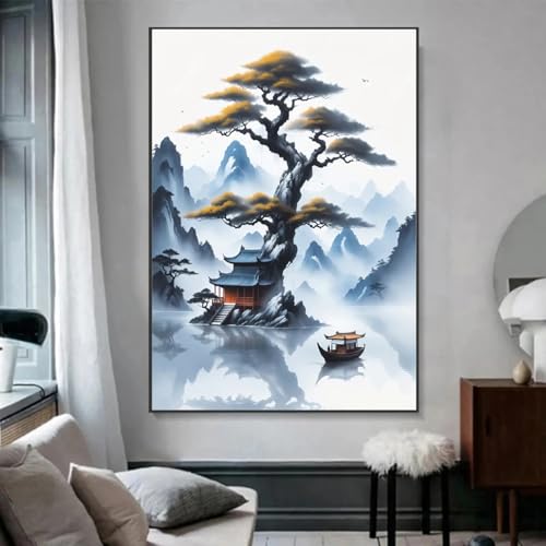 Décoration d'intérieur art mural avec tableau paysage chinois à l'encre Misty Mountain 21x30