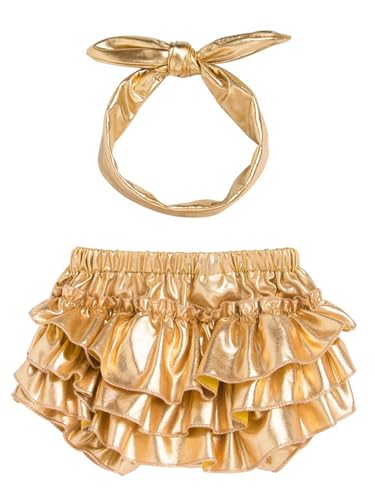 ACSUSS Gold Metallic Baby Bloomers & Headband Set 2-Piece Cake Smash Photoshoot Birthday Outfit Gold 3-6 Months