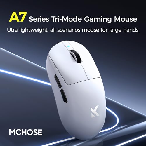 Image of MCHOSE A7 V2 Ultra Lightweight Wireless Gaming Mouse, Tri-Mode Connection, 59 Grams, PAW 3950TI 42K DPI Sensor, 8K Hz Wired /8K Hz Wireless Polling, 120 Hours Battery Life - White