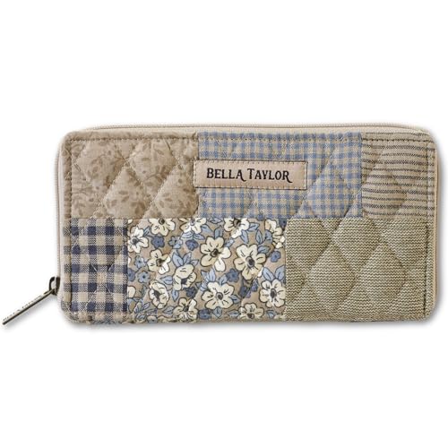 Bella Taylor Slim Card Wallet for Women | Quilted Cotton Fabric Zip Around Credit Card Wallet with RFID Protection | Khaki Patchwork