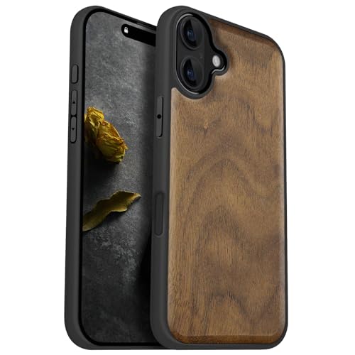Image of Carveit Wood Case for iPhone 16 Plus, Natural Grain, Walnut | Magnetic iPhone 16 Plus Case Compatible with MagSafe Wireless Chargers, Engraved Wood with Soft TPU Shockproof Bumper