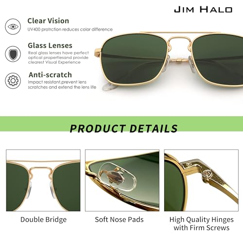 Image of JIM HALO Retro Square Aviator Sunglasses Premium Glass Lens Flat Metal Eyewear Men Women