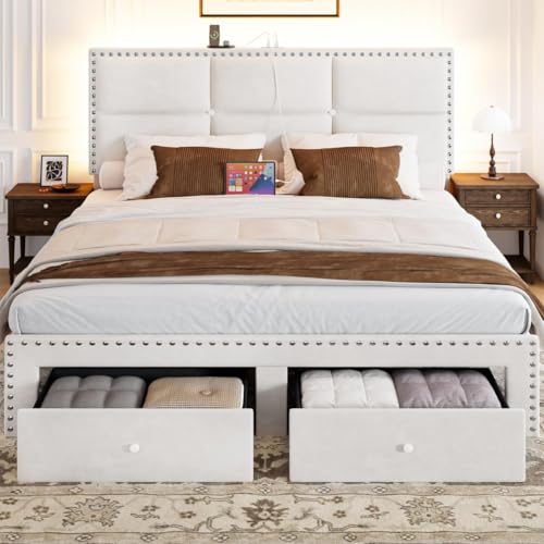 Image of Queen Bed Frame with 2 Storage Drawers, Velvet Upholstered Platform Bed Frame Queen Size with Charging Station, Wooden Slats Support, Noise-Free, No Box Spring Needed, Easy Assembly, White