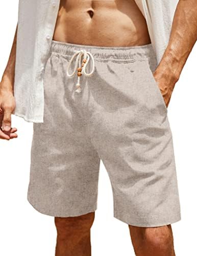 COOFANDY Mens Fishing,Walk,Golf,Cycling,Running, Shorts, Linen Classic Fit Drawstring Summer Casual Beach, Medium, Light Khaki