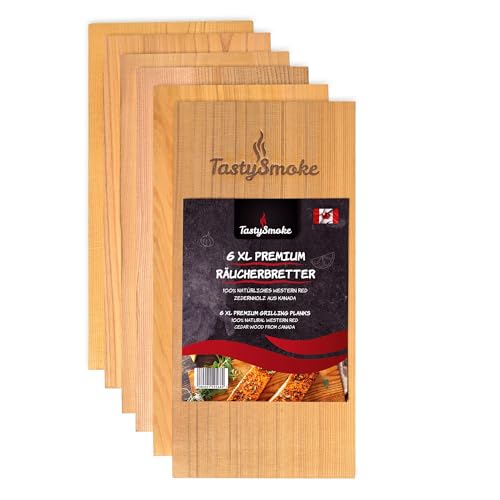 TastySmoke® Premium Zedernholzbrett zum Grillen – 100% Naturprodukt aus Western Red Zeder – Grillbretter aus Zedernholz im 6er Vorteilspack – mehrmals wiederverwendbar