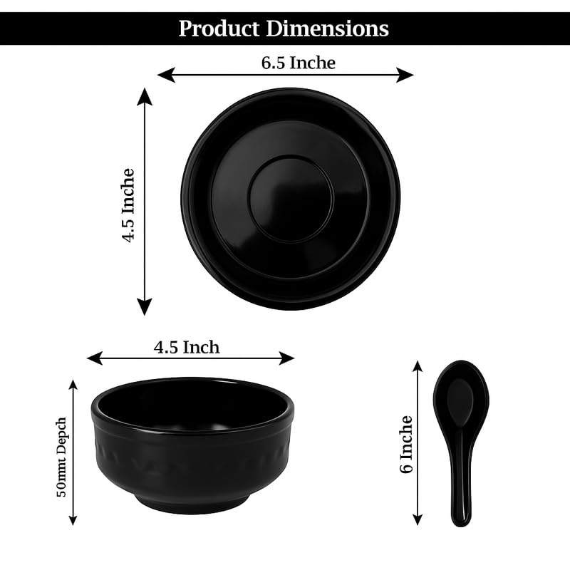Image of Ariya Melamine Soup Bowl Set of 6 (Black /Plain, 350 ml) with Spoon & Saucer|Microwave & Dishwasher Safe|Premium Serving Bowls for Soup, Noodles, Cereal, Pasta & Oatmeal|Durable,Serving Bowls Sets