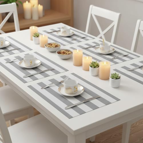 Image of YELONA Dining Table Placemats Set of 6 - Heat-Resistant, Non-Slip, Washable & Stain Resistant Woven PVC Vinyl Table Mats for Kitchen & Dining - 45 x 30 cm, PeachWhite & Grey