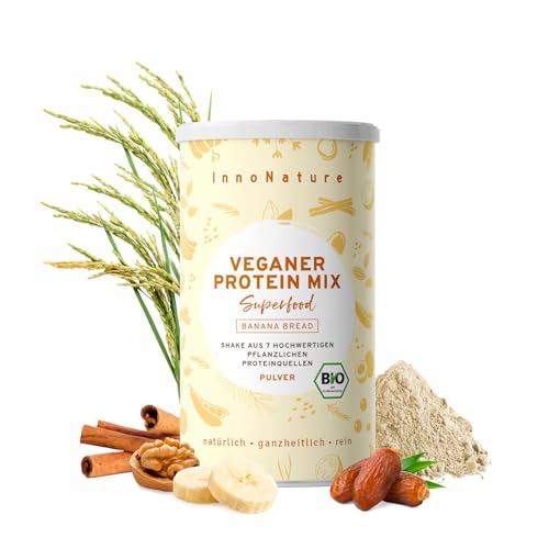 InnoNature Bio Banana Bread Protein Mix I mit 8 pflanzlichen Proteinquellen und gerösteten Haselnüssen, Datteln und Zimt I 450g | Vegan & ohne künstliche Süßungsmittel