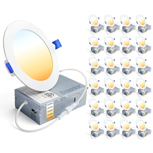Ensenior 24 Pack 4 Inch LED Recessed Ceiling Light Dimmable 2700K-5000K 5CCT 750LM 9W 120V High Brightness Canless Wafer Downlight - ETL&FCC&IC