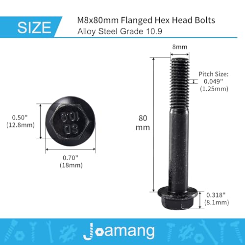 Joamang M8 x 80mm 8Pcs Flanged Hex Head Bolts, M8 x 1.25 Bolts, Flange Hexagon Head Screws, 10.9 Grade Alloy Steel, Black Oxide Finish, Metric Machine Threaded, Half Thread by Joamang - Used condition - Image 2