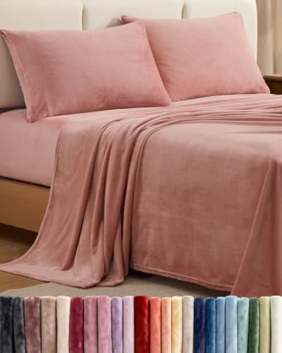 Image of Fleece Sheets Full Size Set - 4-Piece Velvet Flannel Sheet Set - Rose Pink