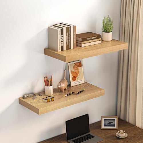 Image of Dreamland 32 inch Floating Shelves for Wall, 12 inch Deep Thicker Oak Floating Shelves, Wall-Mounted Shelves for Bedroom, Living Room, Kitchen, Bathroom - Set of 2
