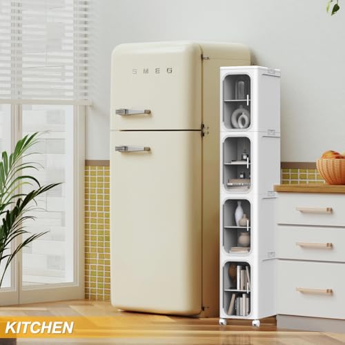 Image of 4-Tier Slim Tall Bathroom Cabinet, Plastic Narrow Cabinet with Doors and Shelves, Floorstanding Skinny Cabinets with Wheels