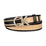 Calvin Klein Women's CK Puff Plaque Logo Woven Textured Casual Belt, Natural, Small