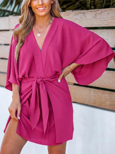 Image of CUPSHE Womens Vacation Mini Summer Dress V Neck Kimono Sleeve Belted Flowy Loose Resort Wear Casual Beach Cover Up Dress