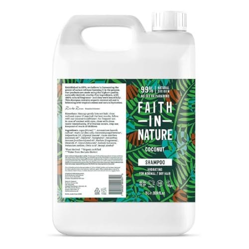 Faith in Nature Natürliches Kokosnuss Shampoo, Feuchtigkeitsspendend, Vegan & Ohne Tierversuche, Frei von Parabenen und SLS, für Normales bis Trockenes Haar, 5 L Nachfüllpackung