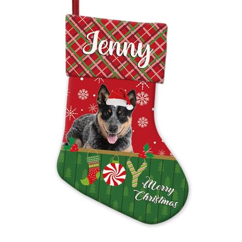 GABSHAIM Blue Heeler Dog Christmas Stockings Snowflake Joy Stripe Buffalo Plaid Custom Christmas Stocking for Xmas Home Fireplace Party Decoration 14 Inch