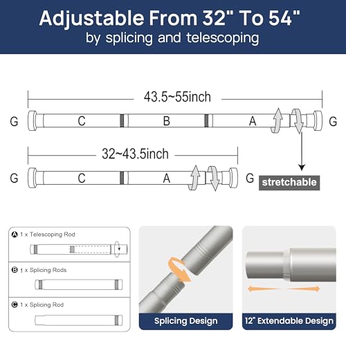 Image of ENJOYBASICS 2 Pack Tension Curtain Rod, 32-54 inch Adjustable, Stable, Nickel | Secure Hold with Strong Spring & Non-Slip Ends, No-Drill, No Tools, Sag-Resistant, Waterproof, Fits Windows, Showers & Closet