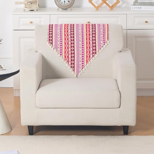 Image of HOKIPO Sofa Backrest Cover with Tassel | 300 GSM Thick Cotton Acrylic Jacquard Fabric Backrest Mat, Size 55x70 cm,'Trivana Series' Hot Pink (IN-932-J3)