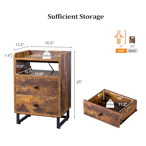 VINGLI Nightstand with Charging Station, LED Nightstand with Drawer, Wood Nightstands, Night Stand with Metal Leg, Side Table, End Table, Bedside Table for Bedroom,Rustic Brown(1 Pack)