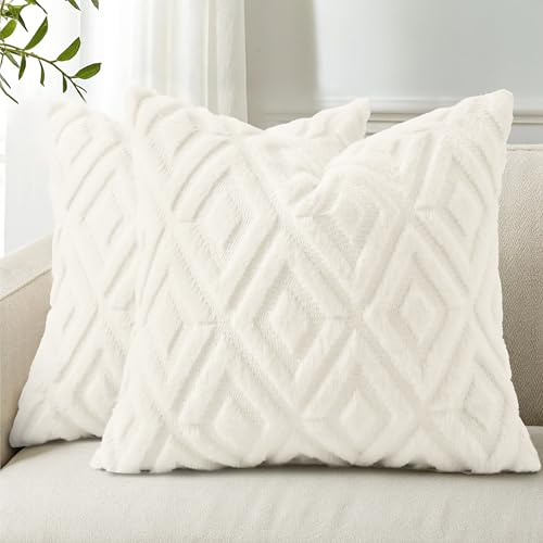 decorUhome Fall Couch Throw Pillow Covers 18x18 Set of 2, Decorative Soft Plush Faux Fur Wool Accent Pillow Covers for Modern Farmhouse Bed Sofa Living Room, Cream White