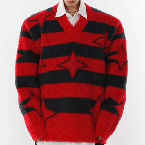 Hulpvktsgiq Men Sweaters Oversized Star Graphic Striped Cable Knitted Jumper Pullover Unisex Crewneck Retro Couple Tops4