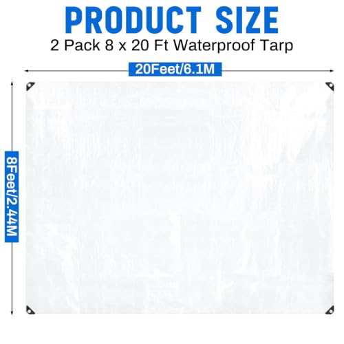 Image of 2 Pack White Tarps 8 x 20 ft, 5.5 Mil Heavy Duty Waterproof Tarp, Multipurpose Shade Tarps for Patio, Swimming Pools, Boats, Camping, Courtyards, Sun Shade & Outdoor Protection Cover