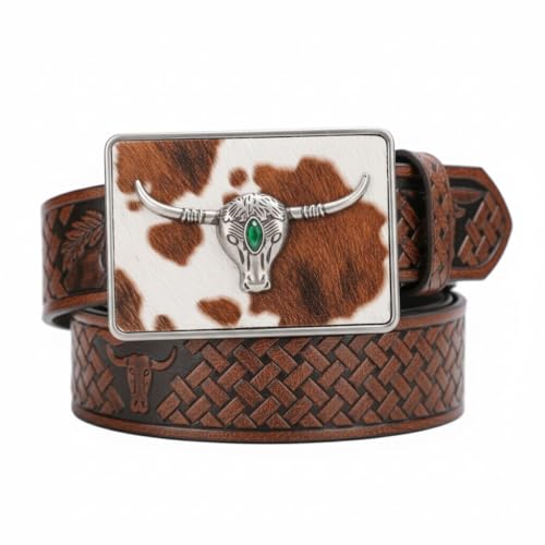 Ceinture western pour homme avec boucle tête de taureau Longhorn en cuir PU gaufré de 3,8 cm